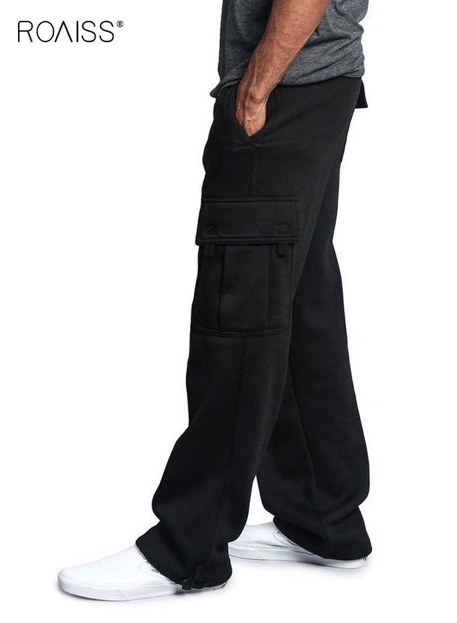 roaiss Men's Fleece-Lined Straight Leg Cargo Pants, Mid Rise Relaxed Utility Trousers with Multiple Pockets & Drawstring Waist, Warm Brushed Polyester Blend Winter Work Pants for Casual Travel Adventure Hiking, Versatile Essential, Black - Image 1